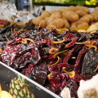 Piled dried chili peppers.
