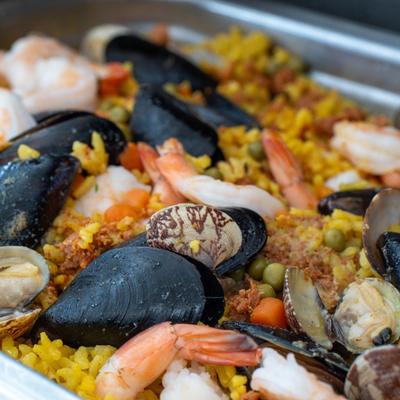 Paella, served on a plate, closeup
