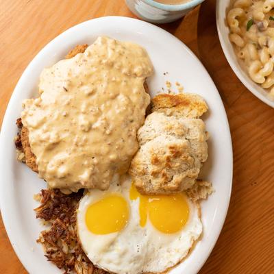 Chicken Fried Steak, with fried eggs, and hashbrowns.