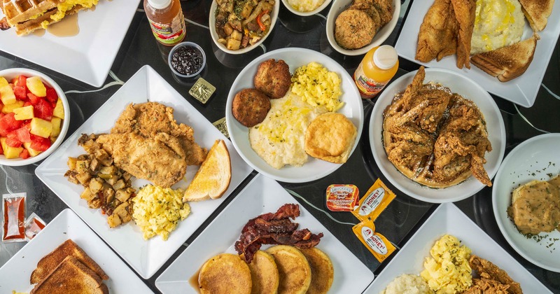 Assorted breakfast dishes arranged on a table