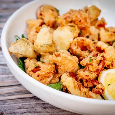 Fried calamari, close up.