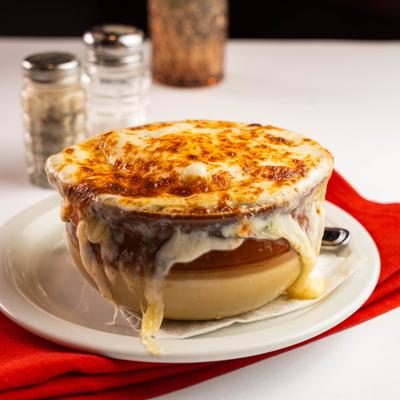 French onion soup in a ceramic crock
