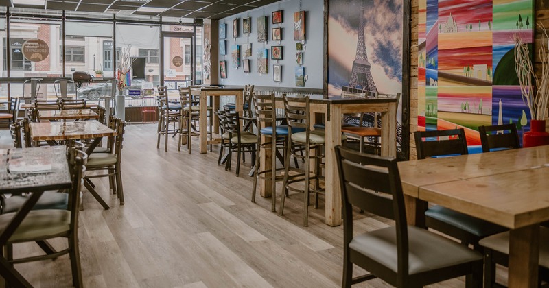 Interior, tables and chairs all lined up