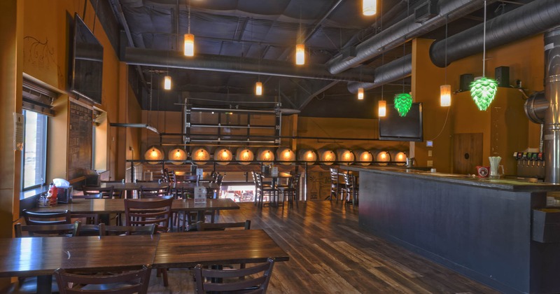 Interior, beer tap bar, tables and chairs