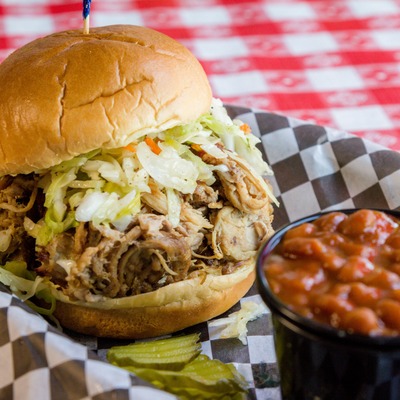 Pulled pork sandwich and beans.