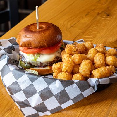Backyard Burger with tater tots on the side.