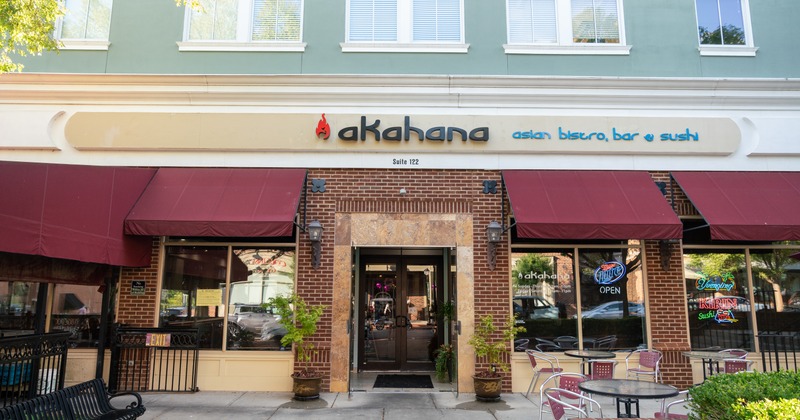 Exterior, front view to retaurant, sign above entrance