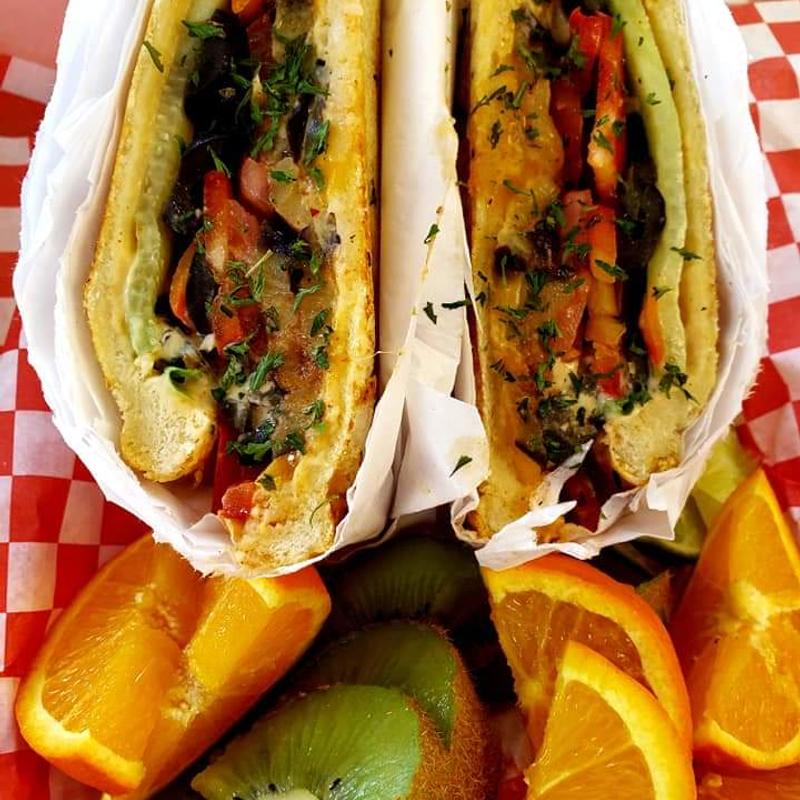 Grill Cheese sandwich with fresh fruits photo