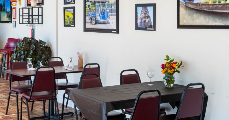 Interior, seating area with tables and chairs