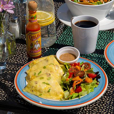 Mixed salad, dip, snacks with cheese, coffee and sauce on the side