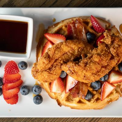 Chicken and waffles, top view.