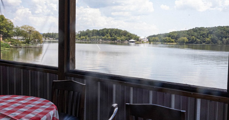 Interior, seating area, view of the river outside