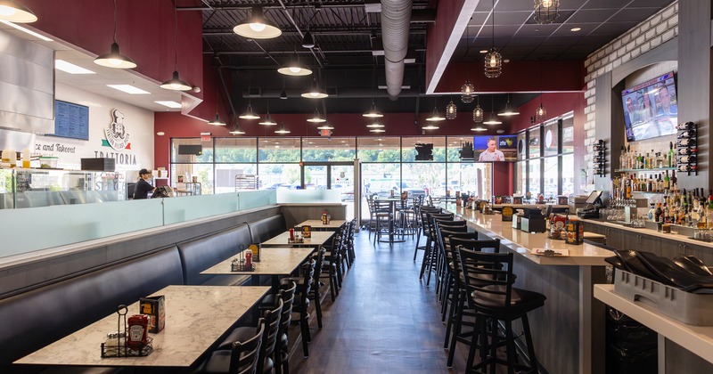 Interior, dining tables lined up near the bar