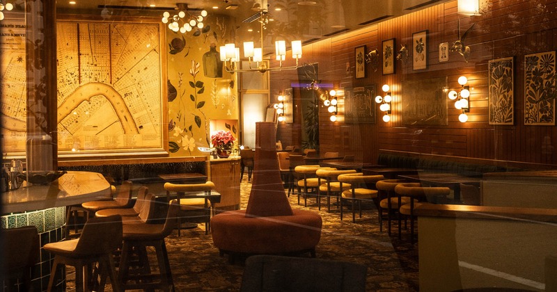 Interior, seating area, view from outside through windows