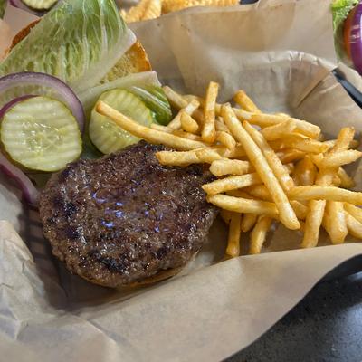 Burger with french fries.