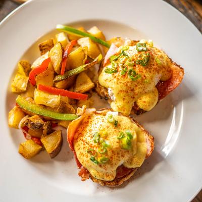Eggs Benedict with breakfast potatoes