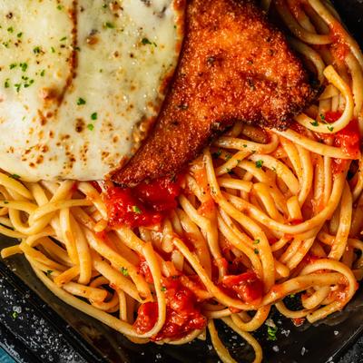 Chicken Parm over Linguini.