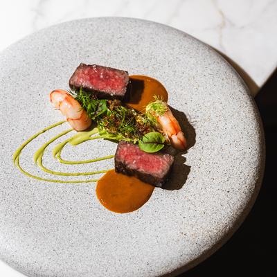 Wagyu beef and shrimp.