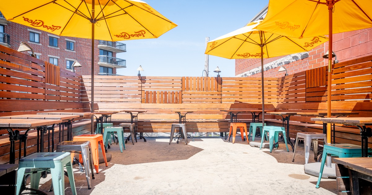 Exterior, patio, wide view, parasols, tables, benches