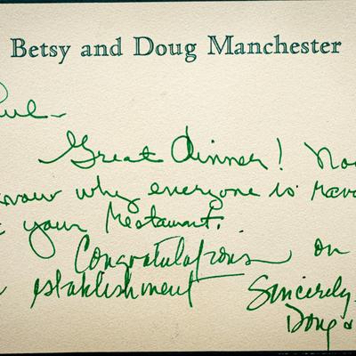 A handwritten thank-you note expressing gratitude for a great dinner