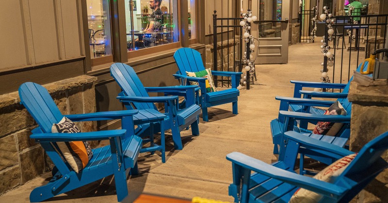 Exterior, patio, wooden seating outside