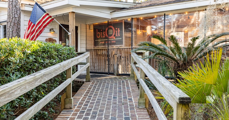 Restaurant entrance with brick walkway
