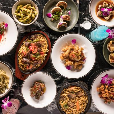Assortment of food plates, top view.