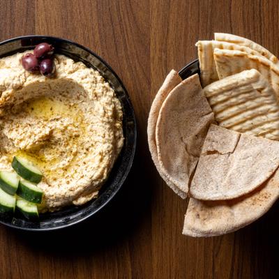 Hummus and pita bread.
