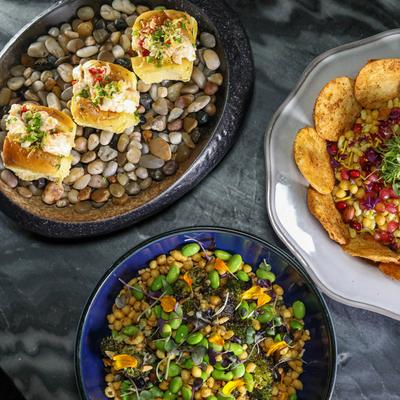 Different food dishes served on the table