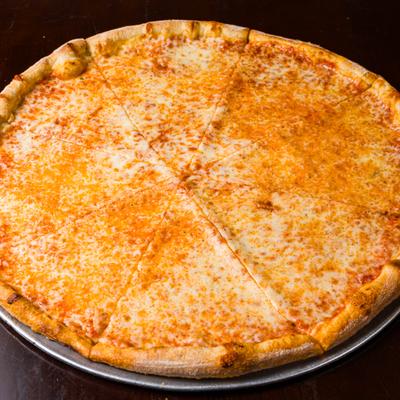 Whole cheese pizza on round metal tray.