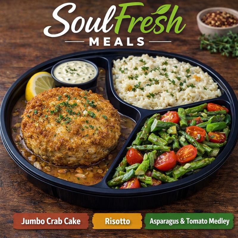 menu item 23 of 43, Jumbo Crab Cake | Risotto | Asparagus & Tomato Medley