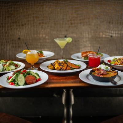 Assorted food and drinks.