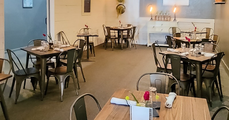 Interior, dining tables with tableware