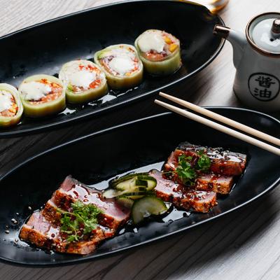 Fusion sushi and tuna tataki.