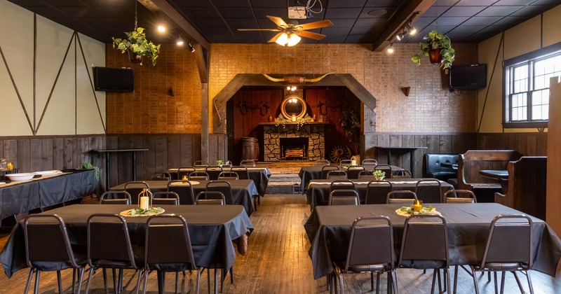 Interior, tables and chairs lined up