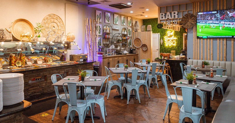 Interior, dining area, tables ready for guests