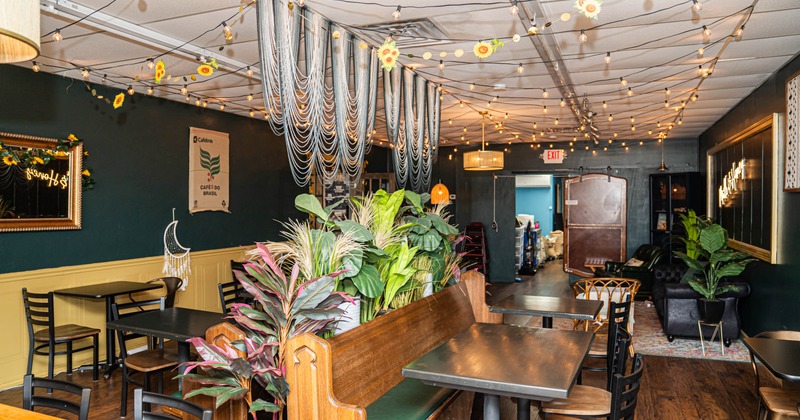Interior of a café with string lights, plants, and wooden seating