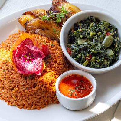 Food in the plate lit by sunlight.