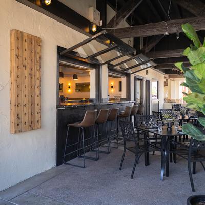 Exterior, covered patio, seating area.