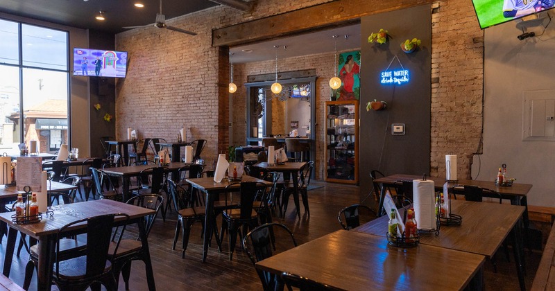 Interior, seating area with tables and chairs