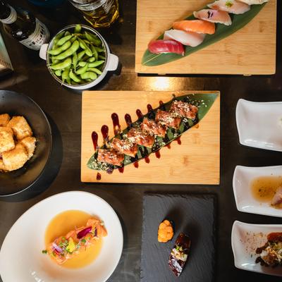 Served food, top view.