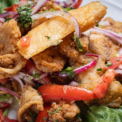Close up of deep fried fish dish.
