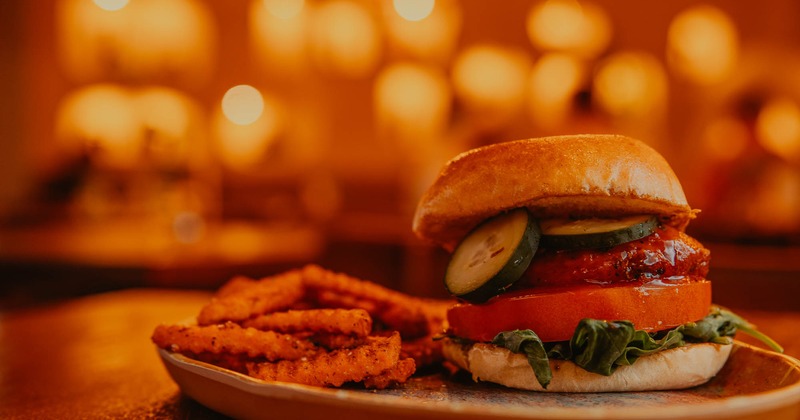 Fried chicken sandwich with waffle fries