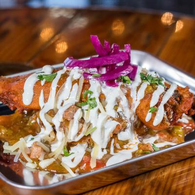 Chille Relleno Slopper open faced burger.