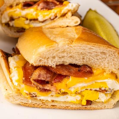 Bacon, eggs, and cheese sandwich.