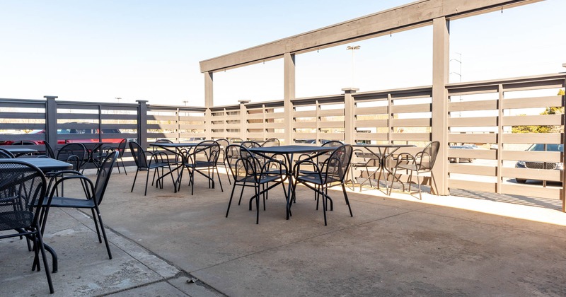 Exterior, seating terrace area on sunny day