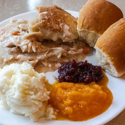 Chicken pie with sides.