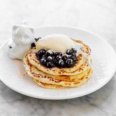Blueberry Pancakes topped with ice cream