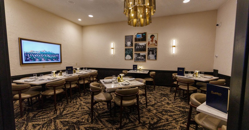 Interior, dining area with pictures on the wall