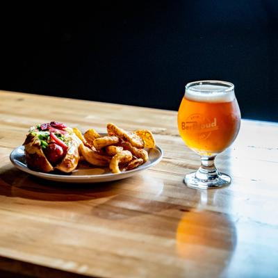 Hot Dog, with sidewinder fries, and a glass of beer.